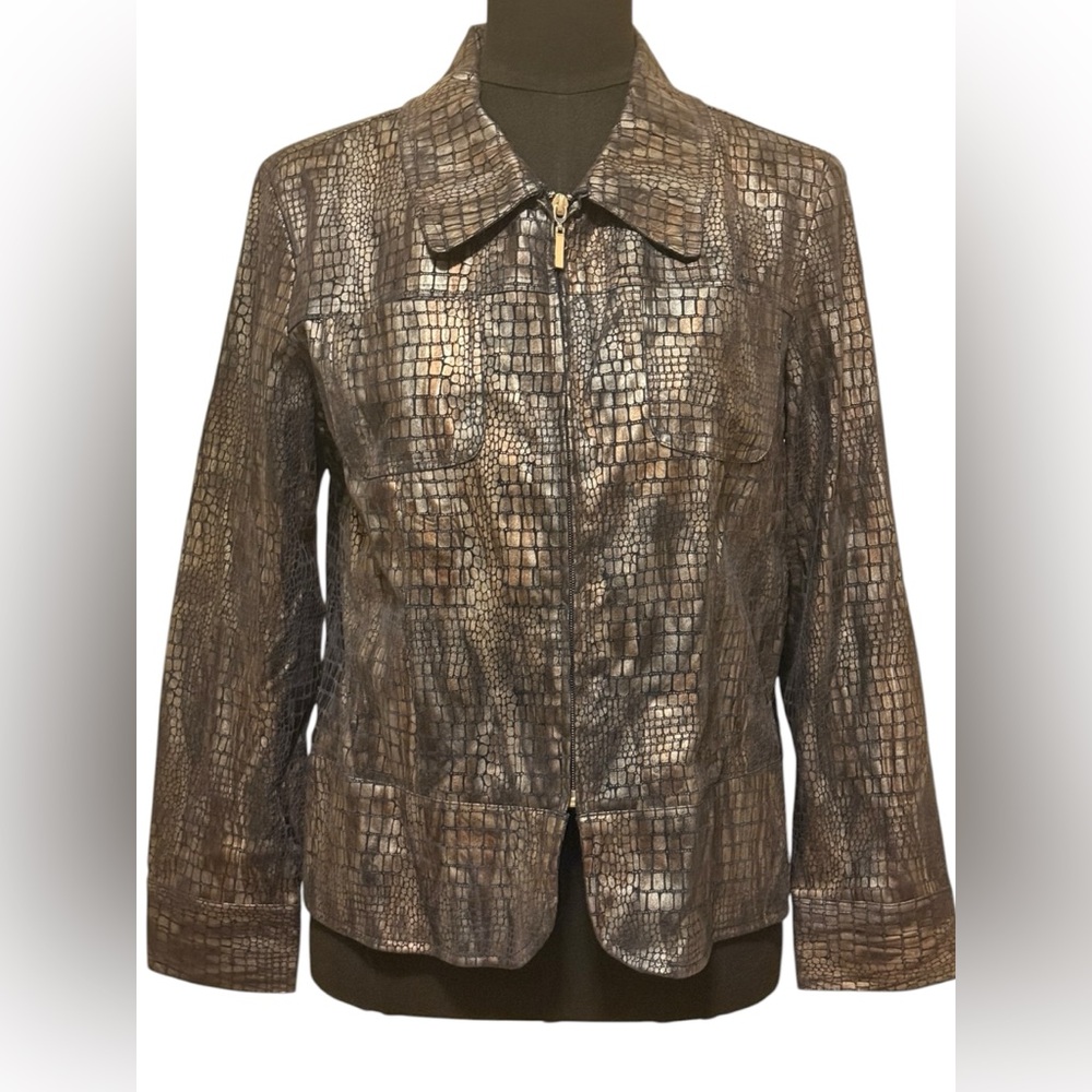 Birch Hill Metallic Brown Croc-Embossed Zip Jacket